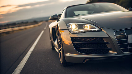 Obraz premium “Close-up front view of luxury sports car on road with modern design and headlights shining. Concept of automotive, elegance, and performance.”