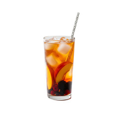 Tall glass cup of peach-berry iced tea with ice cubes is isolated on a white background