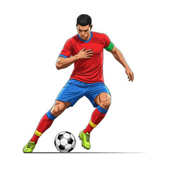 Dynamic soccer player skillfully dribbling a ball, showcasing athletic prowess and intense focus during a match