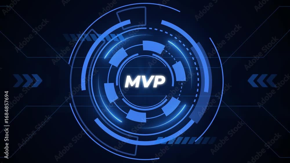 Poster high- tech circular interface with mvp acronym glowing blue on a dark digital background minimum via