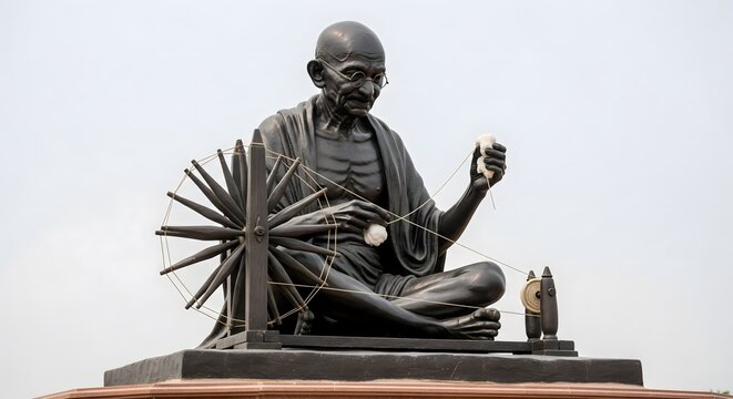 Mahatma Gandhi Statue with Spinning Wheel Depicting Charkha, Symbol of Swadeshi Movement, Simplicity, Nonviolence, and Indian Freedom Struggle Legacy