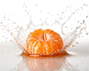 Peeled mandarin orange segment splashing into water creating dynamic refreshing splash