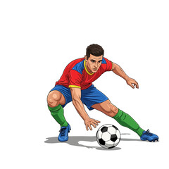 Dynamic soccer player skillfully controls ball with intense focus, ready for action on the field