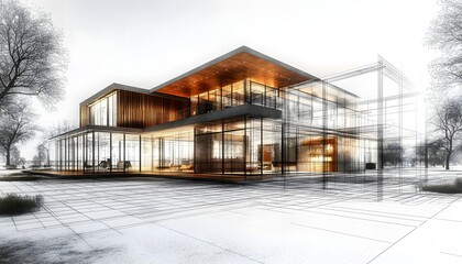 Sketch design of modern house becoming real.