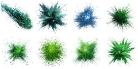 Green glitter explosion png in 3d transparent no background in boom effect concept.