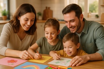 Fototapeta premium Happy family drawing and coloring together at home for fun creative activity 