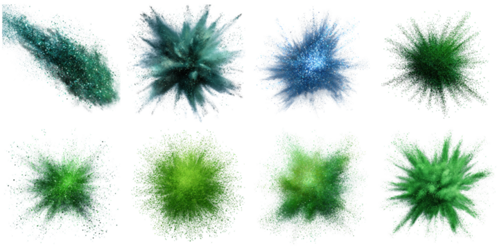 Green glitter explosion png in 3d transparent no background in boom effect concept.