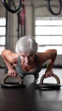 Senior woman performing push ups on gymnastic rings in fitness gym, strong elderly athlete doing advanced bodyweight strength training, active healthy aging workout, mature female building muscle endu