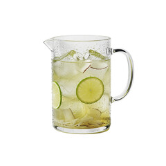 Stylish clear glass pitcher of coconut-lime tea with ice cubes