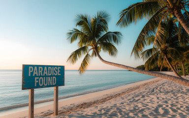 Discover paradise found a serene tropical beach scene with palm trees and a 'paradise found' sign