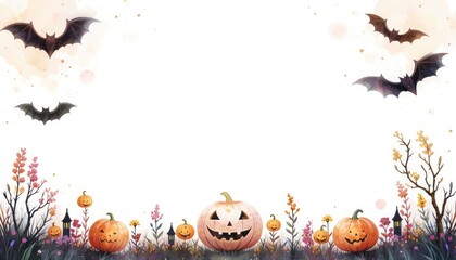 Pastel Watercolor Halloween background. scary halloween background. halloween background with pumpkin and bats