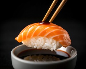 Delicious salmon nigiri sushi dipped in soy sauce with chopsticks on a dark background