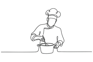 Chef stirring pot in minimalist line art style