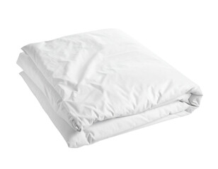 A stack of folded white blankets or duvets, a soft and comfortable household item, isolated on a white background.
