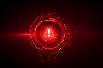  Abstract red light warning icon with an exclamation mark in a futuristic circle on a dark background,