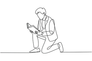 Man kneeling and reading a book in continuous line art