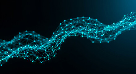Abstract futuristic technology background with a glowing blue plexus of connected dots and lines forming a dynamic wave