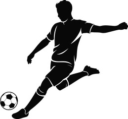 Silhouette vector of soccer player kicking ball, sports athlete action illustration, football striker artwork for competition, training, game, fitness, energy, speed design