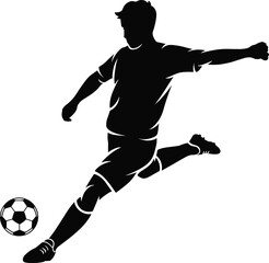 Naklejka premium Soccer player kicking ball silhouette, football athlete action pose illustration, sports competition vector design, black and white training concept for team game