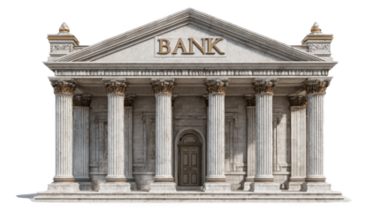 Classic bank building transparent in png no background for decoration.