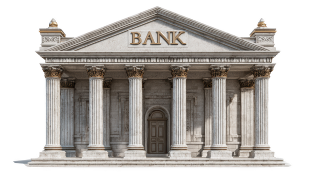 Classic bank building transparent in png no background for decoration.