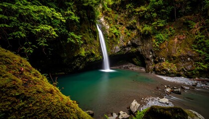 Lush waterfall cascading into a vibrant turquoise pool nestled within a dense forest