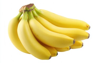 A bunch of ripe yellow bananas with green stems, isolated against a white background, showcasing their fresh appearance.