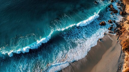 Breathtaking aerial view captures a powerful turquoise wave crashing onto a serene sandy beach with rugged coastal cliffs bathed in warm sunlight.