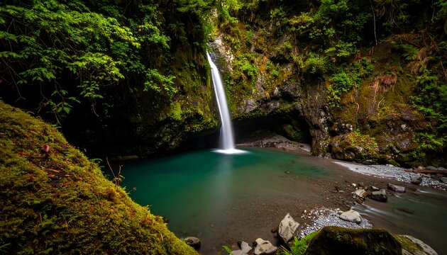 Lush waterfall cascading into a vibrant turquoise pool nestled within a dense forest