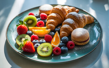 Vibrant assortment of fresh fruits croissants and pastries on a decorative plate a delicious morning breakfast spread