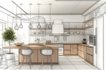 Stylish�kitchen�interior sketch design.