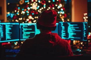 Rear view of a hacker focused on his work during Christmas