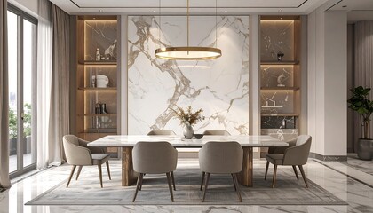 Modern dining area with marble wall
