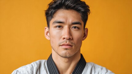 Obraz premium A focused portrait of a man in a light gray martial arts uniform, set against a bright mustard yellow backdrop, conveying a serious and determined mood.