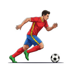 Dynamic soccer player dribbling ball with intense focus, captured mid-action in a vibrant sports scene