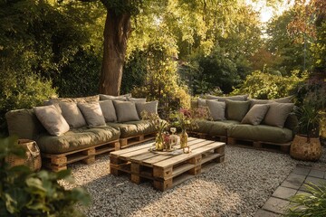 An outdoor patio featuring furniture made from wooden pallets, cushions, a coffee table, surrounded by greenery, trees, and pebbles, with sunlight illuminating the space.