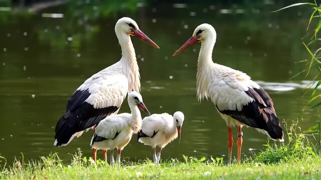 White storks family by lake.