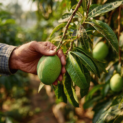 Fototapeta premium A hand gently holds a green mango growing on a sunlit tree in a vibrant orchard, surrounded by lush leaves and natural greenery.