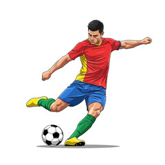 Dynamic soccer player executes a powerful kick, showcasing athletic skill and competitive spirit on a clean background for sports promotion.