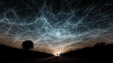 Ethereal neutrino trails painting fractal illuminations across the night sky.