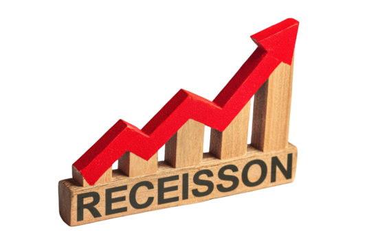 Wooden blocks forming a rising graph with the word "recession" underneath