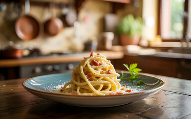 Delicious spaghetti dish artfully arranged on a plate in a cozy kitchen setting ready for enjoyment