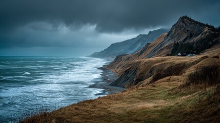 Obraz premium Silent storm-battered hills near the sea, cinematic moody landscape