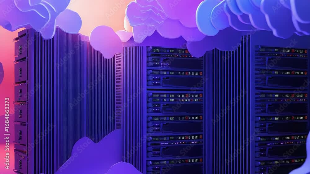 Poster server racks with cloud computing and nature elements merging in futuristic data center