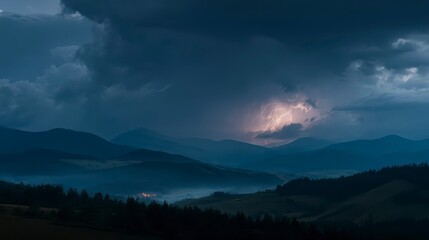 Silent stormy hills with lightning flashing in the sky, dramatic cinematic style,