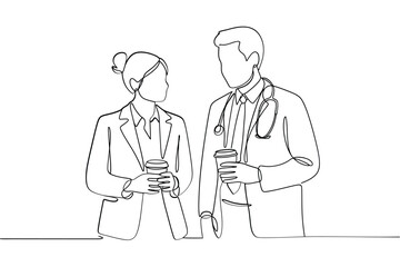 Two doctors in conversation holding coffee cups