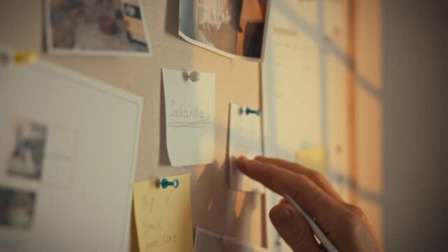 A person is adding a note to a bulletin board during a productive work session. The board features various photographs and reminders, creating an inspiring environment for creativity