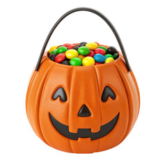 halloween candy bags Smiling pumpkin-shaped container filled with colorful candies.