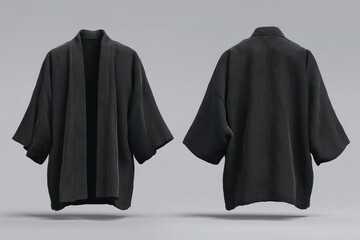 Dark, simple kimono-style jacket, front and back views