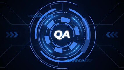 Futuristic HUD interface with glowing blue circular elements and QA text quality assurance technology - Powered by Adobe